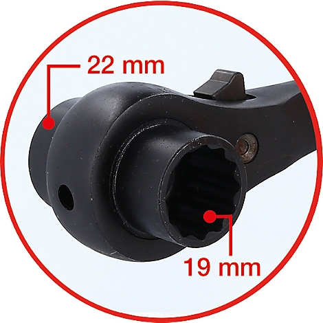 Detailaufnahme eines schwarzen Ratschenschlüssels. Die Maße sind mit 22 mm und 19 mm angegeben.